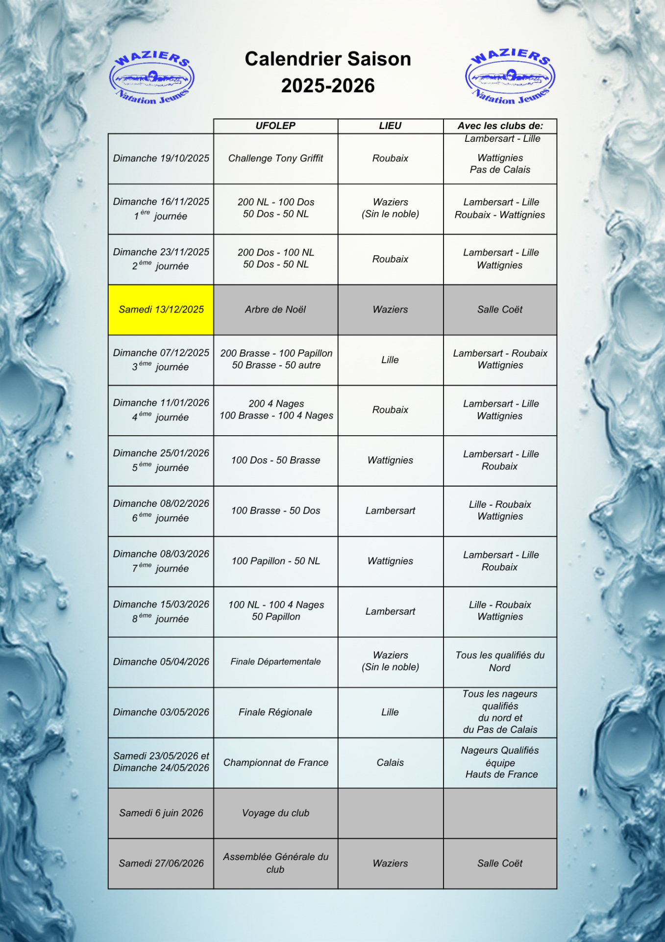 Calendrier 2025 2026 maj